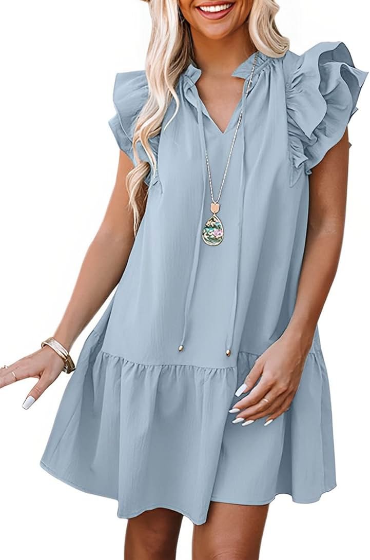 Dokotoo Womens Summer Dresses 2026 V-Neck Drawstring Ruffle Cap Short Sleeve Side Pockets Mini Dress Sundress - Product Image