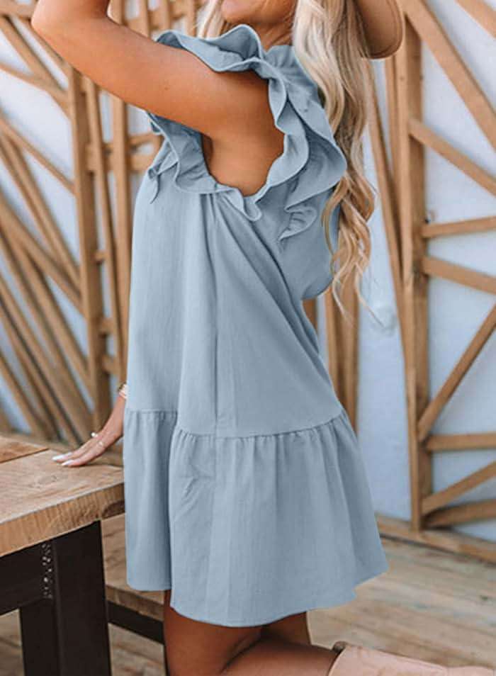 Dokotoo Womens Summer Dresses 2026 V-Neck Drawstring Ruffle Cap Short Sleeve Side Pockets Mini Dress Sundress - Image 3