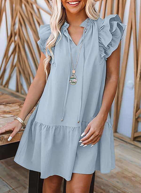 Dokotoo Womens Summer Dresses 2026 V-Neck Drawstring Ruffle Cap Short Sleeve Side Pockets Mini Dress Sundress - Image 4