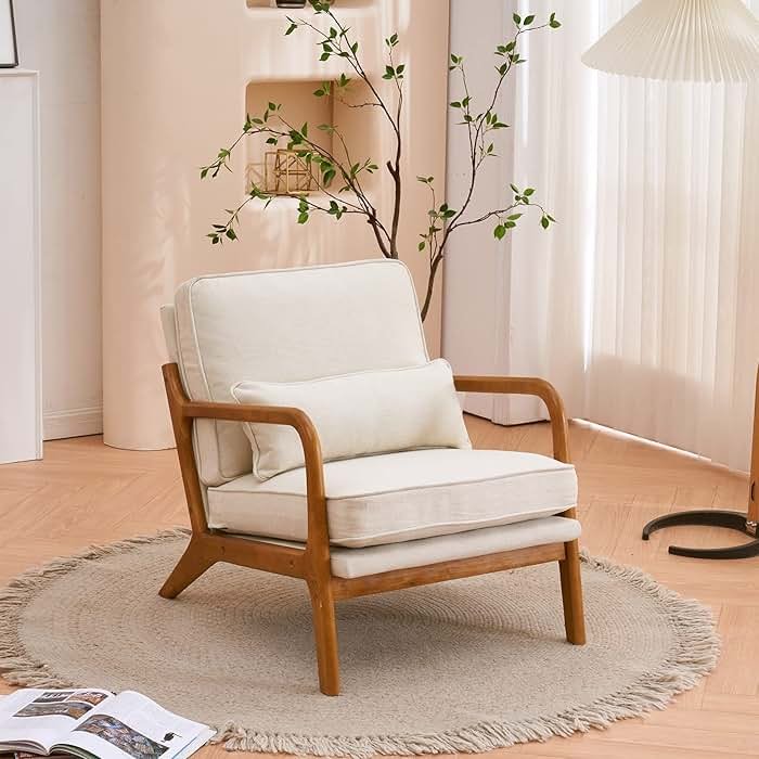 Karl home Accent Chair Mid-Century Modern Chair with Pillow Linen Fabric Upholstered Lounge Arm Chair with Solid Wood Frame & Soft Cushion for Living Room, Bedroom, Balcony, Beige - Product Image