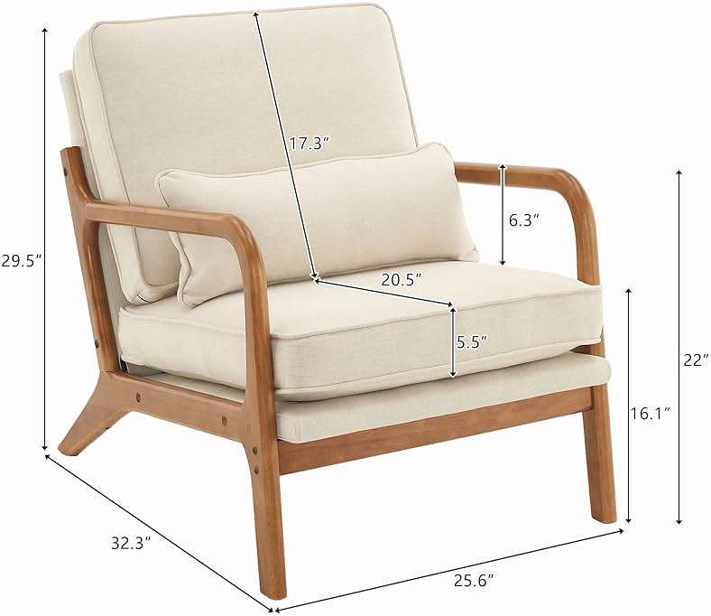 Karl home Accent Chair Mid-Century Modern Chair with Pillow Linen Fabric Upholstered Lounge Arm Chair with Solid Wood Frame & Soft Cushion for Living Room, Bedroom, Balcony, Beige - Image 2