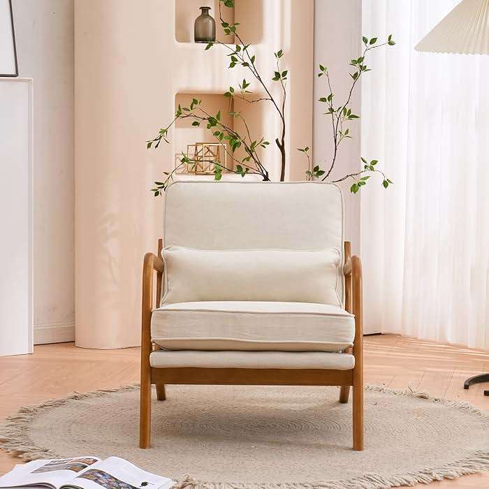 Karl home Accent Chair Mid-Century Modern Chair with Pillow Linen Fabric Upholstered Lounge Arm Chair with Solid Wood Frame & Soft Cushion for Living Room, Bedroom, Balcony, Beige - Image 3