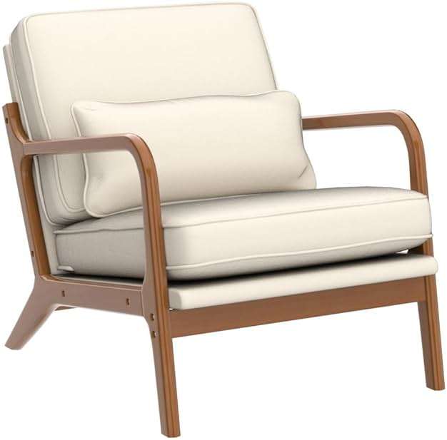 Karl home Accent Chair Mid-Century Modern Chair with Pillow Linen Fabric Upholstered Lounge Arm Chair with Solid Wood Frame & Soft Cushion for Living Room, Bedroom, Balcony, Beige - Image 5