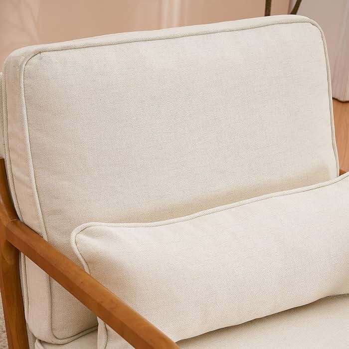 Karl home Accent Chair Mid-Century Modern Chair with Pillow Linen Fabric Upholstered Lounge Arm Chair with Solid Wood Frame & Soft Cushion for Living Room, Bedroom, Balcony, Beige - Image 6