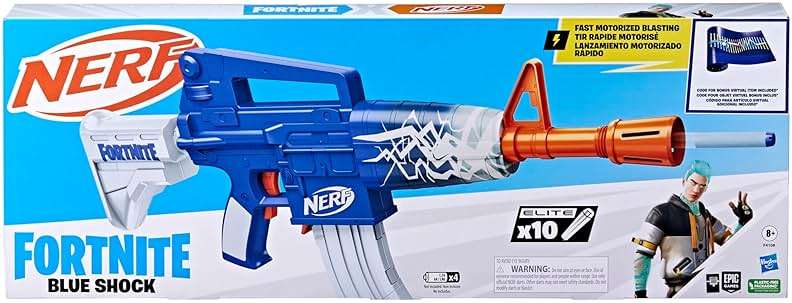 Nerf Fortnite Blue Shock Blaster, 10-Dart Clip, 10 Elite Nerf Darts, Includes Bonus Code to Unlock The Beat Wrap in The Game, Motorized Dart Blaster - Image 3