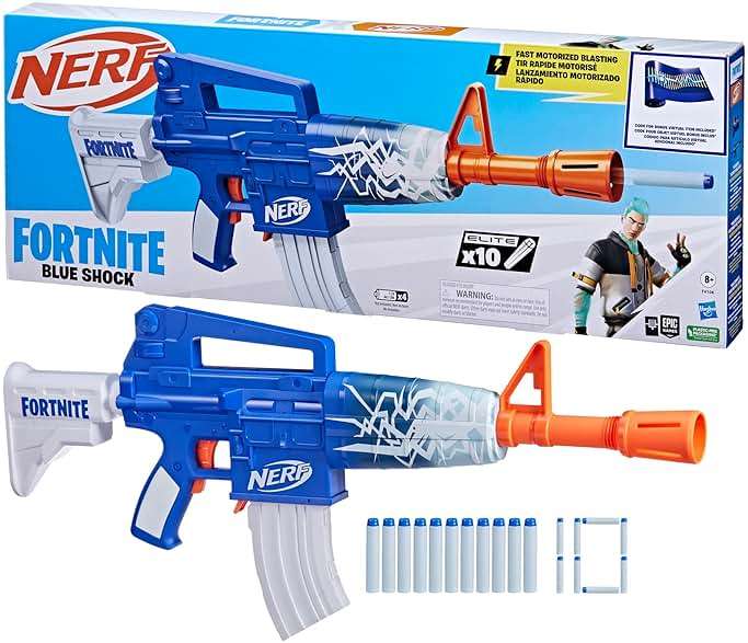 Nerf Fortnite Blue Shock Blaster, 10-Dart Clip, 10 Elite Nerf Darts, Includes Bonus Code to Unlock The Beat Wrap in The Game, Motorized Dart Blaster - Image 8