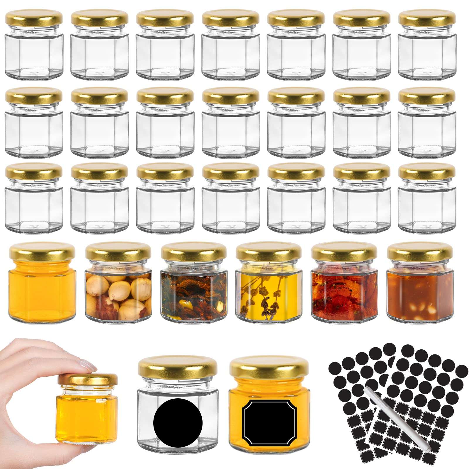 Keketin 1.5oz Honey Jars,30 Pack Hexagonal Glass Jars with Gold Lids,45ml Small Canning Jar Mini Storage Glass Jars for Jams,Fruits,Spices,Nuts,Jellies,Baby Foods - Image 1