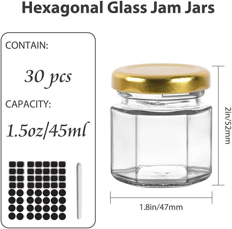 Keketin 1.5oz Honey Jars,30 Pack Hexagonal Glass Jars with Gold Lids,45ml Small Canning Jar Mini Storage Glass Jars for Jams,Fruits,Spices,Nuts,Jellies,Baby Foods - Image 3