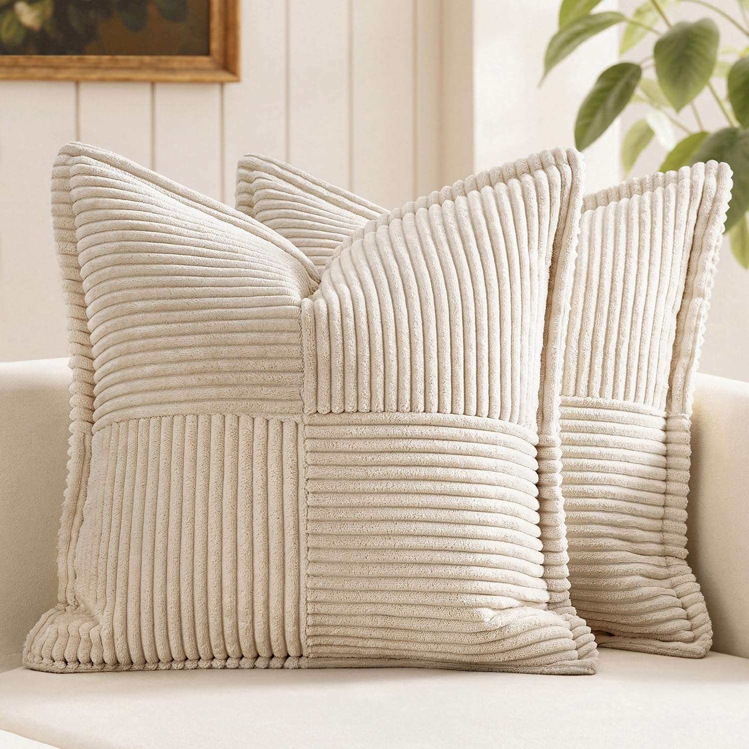 MIULEE Decorative Throw Pillow Covers for Couch Bed Livingroom 18x18 Inch Set of 2 Beige Boho Accent Throw Pllows Broadside Striped Patchwork Soft Corduroy Pillowcases - Image 1