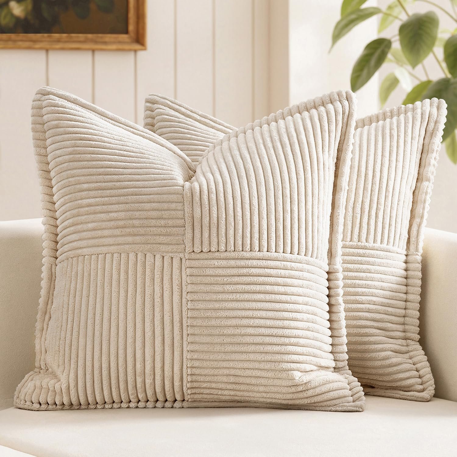 MIULEE Decorative Throw Pillow Covers for Couch Bed Livingroom 18x18 Inch Set of 2 Beige Boho Accent Throw Pllows Broadside Striped Patchwork Soft Corduroy Pillowcases - Product Image