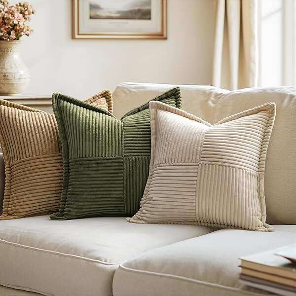 MIULEE Decorative Throw Pillow Covers for Couch Bed Livingroom 18x18 Inch Set of 2 Beige Boho Accent Throw Pllows Broadside Striped Patchwork Soft Corduroy Pillowcases - Image 7