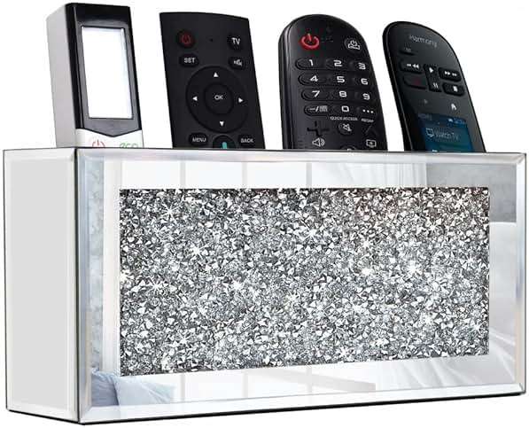 GOTHICO Mirrored Remote Holder, Wall Mounted Crush Diamond Bling Decoration Organizer Storage Box for Remote Phone Pad Wallet Notebook (8.3"×2.5"×4" For 3 or 4 Remote Controls) - Image 1