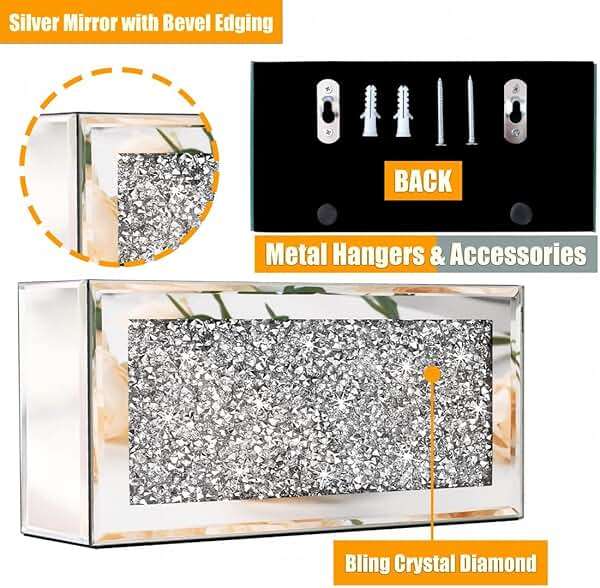 GOTHICO Mirrored Remote Holder, Wall Mounted Crush Diamond Bling Decoration Organizer Storage Box for Remote Phone Pad Wallet Notebook (8.3"×2.5"×4" For 3 or 4 Remote Controls) - Image 4