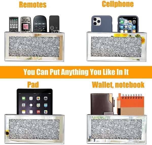 GOTHICO Mirrored Remote Holder, Wall Mounted Crush Diamond Bling Decoration Organizer Storage Box for Remote Phone Pad Wallet Notebook (8.3"×2.5"×4" For 3 or 4 Remote Controls) - Image 5