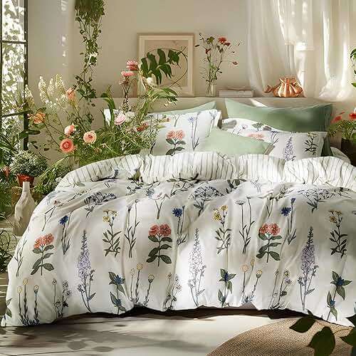 Bedsure Floral Queen Comforter Set – White Comforter, Reversible 3-Piece Bedding Set, Coconut White Botanical Print & Green Striped Pattern, Coquette Aesthetic for Women Girls - Image 1