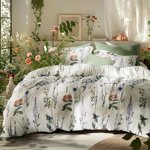 Bedsure Floral Queen Comforter Set – White Comforter, Reversible 3-Piece Bedding Set, Coconut White Botanical Print & Green Striped Pattern, Coquette Aesthetic for Women Girls - Product Image