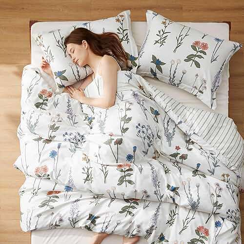 Bedsure Floral Queen Comforter Set – White Comforter, Reversible 3-Piece Bedding Set, Coconut White Botanical Print & Green Striped Pattern, Coquette Aesthetic for Women Girls - Image 3