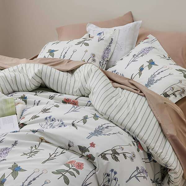 Bedsure Floral Queen Comforter Set – White Comforter, Reversible 3-Piece Bedding Set, Coconut White Botanical Print & Green Striped Pattern, Coquette Aesthetic for Women Girls - Image 5