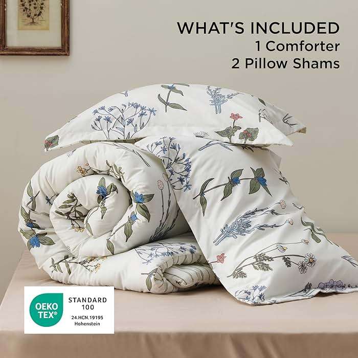 Bedsure Floral Queen Comforter Set – White Comforter, Reversible 3-Piece Bedding Set, Coconut White Botanical Print & Green Striped Pattern, Coquette Aesthetic for Women Girls - Image 6