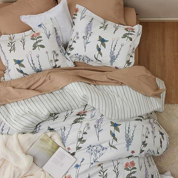 Bedsure Floral Queen Comforter Set – White Comforter, Reversible 3-Piece Bedding Set, Coconut White Botanical Print & Green Striped Pattern, Coquette Aesthetic for Women Girls - Image 8