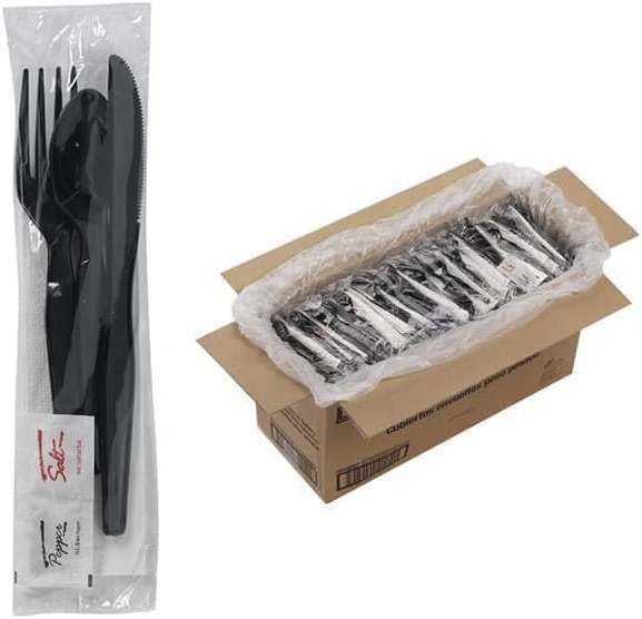 250 Plastic Cutlery Packets - Knife Fork Spoon Napkin Salt Pepper Sets | Black Plastic Silverware Sets Individually Wrapped Cutlery Kits, Bulk Utensil Cutlery Set Disposable To Go Silverware - Image 1