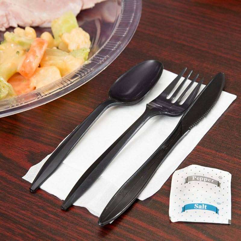 250 Plastic Cutlery Packets - Knife Fork Spoon Napkin Salt Pepper Sets | Black Plastic Silverware Sets Individually Wrapped Cutlery Kits, Bulk Utensil Cutlery Set Disposable To Go Silverware - Image 5