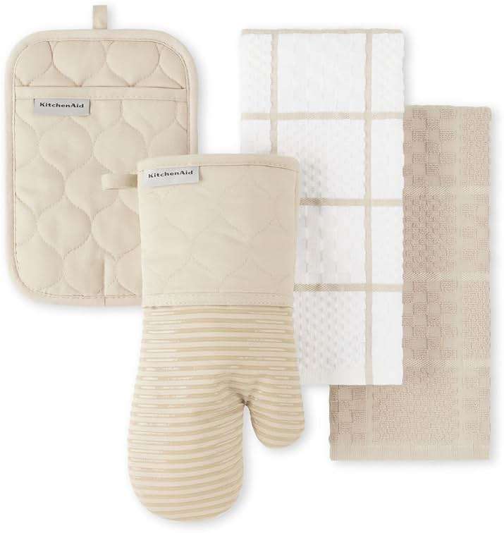 KITCHENAID Quilted Cotton Terry Cloth Oven Mitt, Pot Holder, Kitchen Towel 4-Pack Set, Heat Resistant, Silicone Grip, 16"x26", 7"x13" & 7"x10", Milkshake - Image 1
