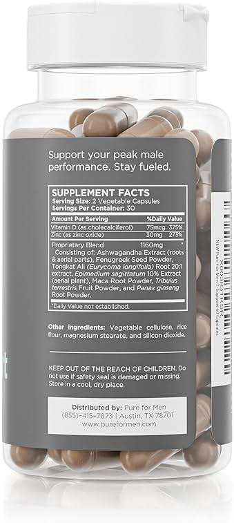 Pure for Men T-Support Supplement | Vegetarian Total Support for Men with Maca, Vitamin D, & Ashwagandha, Muscle Health | Endurance, Strength, Focus, & Energy Support | 60 Capsules - Image 2