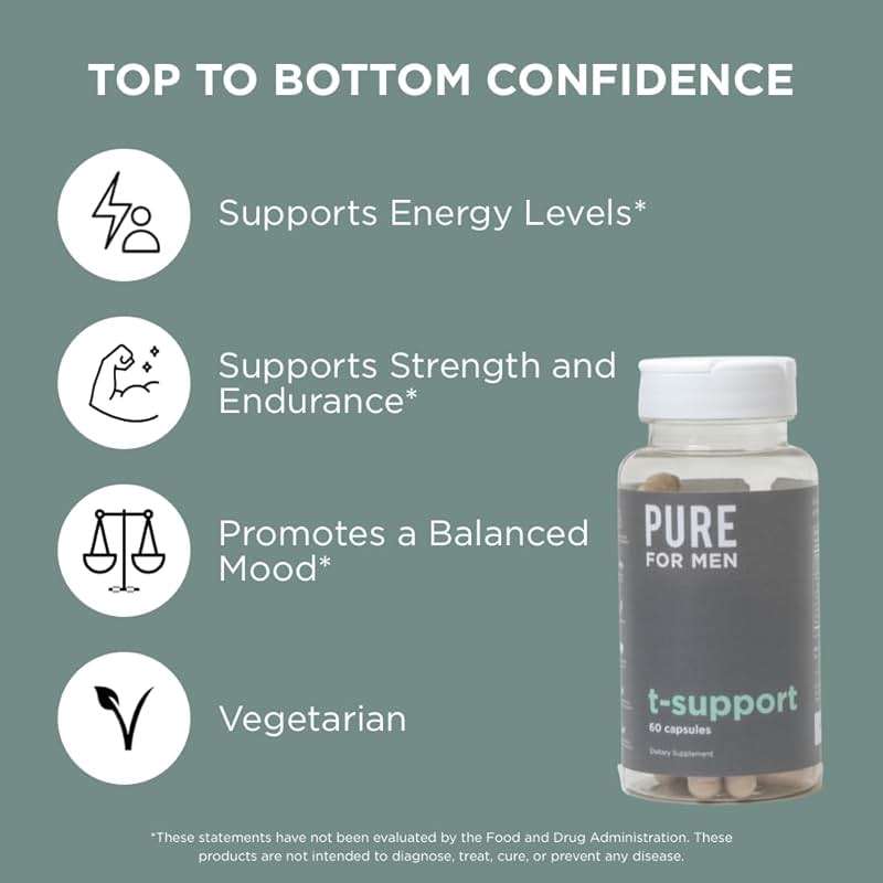 Pure for Men T-Support Supplement | Vegetarian Total Support for Men with Maca, Vitamin D, & Ashwagandha, Muscle Health | Endurance, Strength, Focus, & Energy Support | 60 Capsules - Image 5