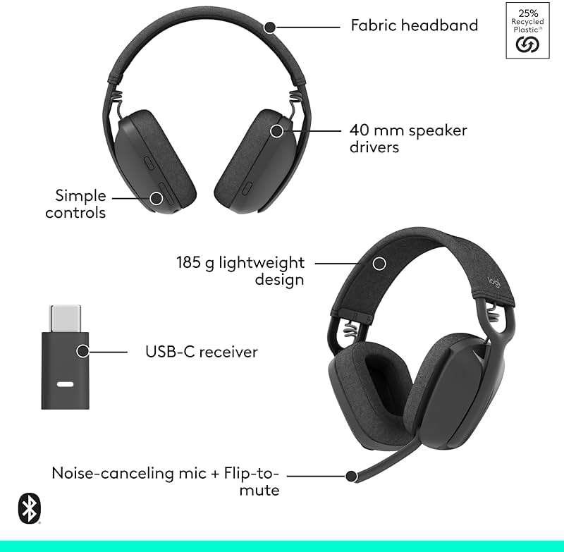 Logitech Zone Vibe Wireless Bluetooth Headphones with Noise Canceling Microphone, USB-A, USB-C, for Google Meet, Google Voice, Zoom, Mac/PC - Image 7