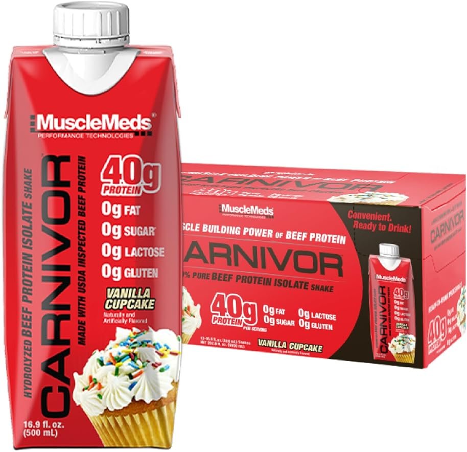 MuscleMeds Carnivor RTD, Ready to Drink Protein, Lactose Free, Sugar Free, 40g Isolate Protein, Muscle Building, Recovery, Vanilla Cupcake, 16.9 Fl Oz, Liquid (Pack of 12) - Product Image