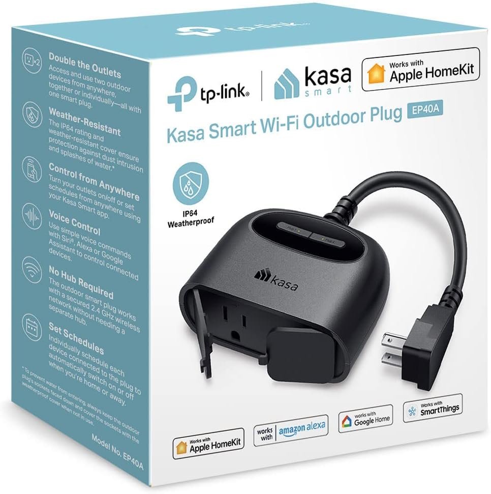 Kasa Apple HomeKit Outdoor Smart Plug, 2 Sockets, IP64 Weather Resistance for Outdoor String Lights, Compatible with Siri, Alexa & Google Home, Long Wi-Fi Range, 2.4G Wi-Fi Only, ETL Certified (EP40A) - Product Image