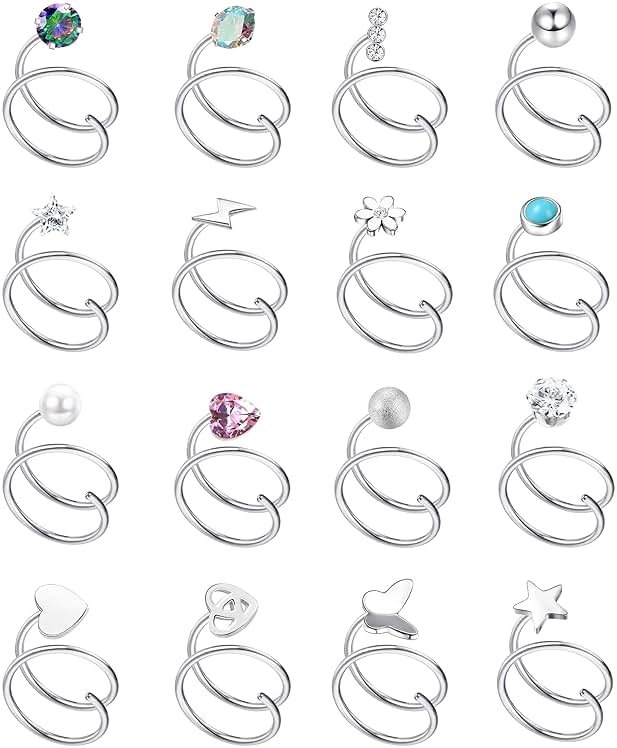 FASACCO 16Pcs Double Nose Ring Hoop for Single Piercing 20 Gauge Stainless Steel Nose Hoop Spiral Star Pearl CZ Butterfly Twist Nose Ring Hoops Double Hoop Earrings for Women - Product Image