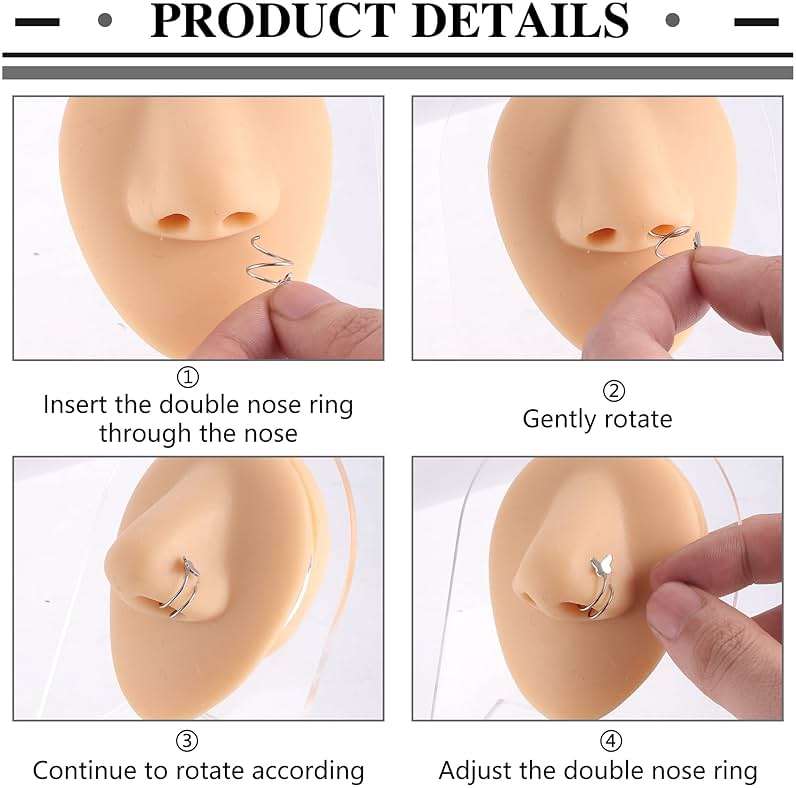 FASACCO 16Pcs Double Nose Ring Hoop for Single Piercing 20 Gauge Stainless Steel Nose Hoop Spiral Star Pearl CZ Butterfly Twist Nose Ring Hoops Double Hoop Earrings for Women - Image 3