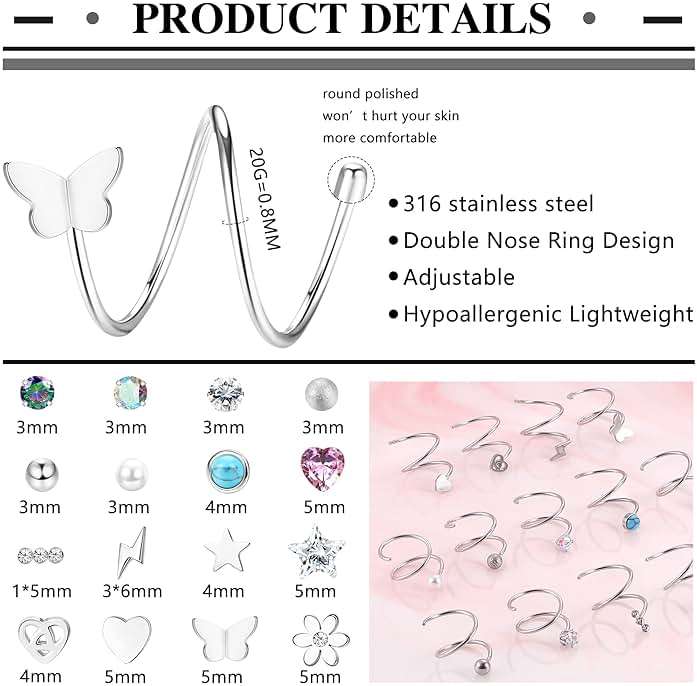 FASACCO 16Pcs Double Nose Ring Hoop for Single Piercing 20 Gauge Stainless Steel Nose Hoop Spiral Star Pearl CZ Butterfly Twist Nose Ring Hoops Double Hoop Earrings for Women - Image 4