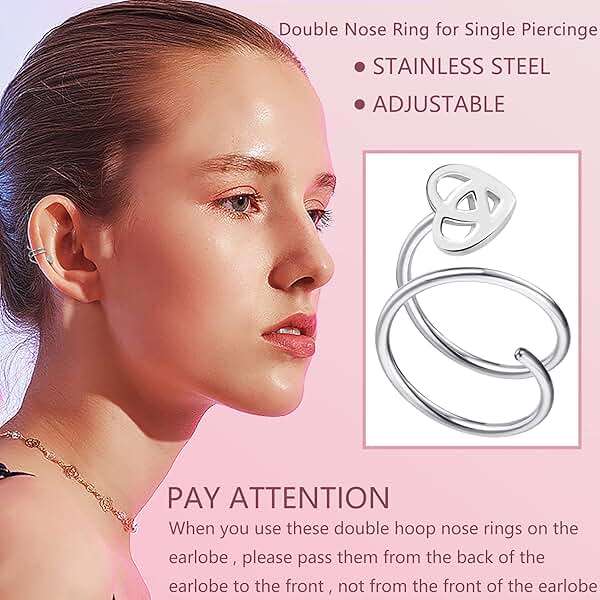 FASACCO 16Pcs Double Nose Ring Hoop for Single Piercing 20 Gauge Stainless Steel Nose Hoop Spiral Star Pearl CZ Butterfly Twist Nose Ring Hoops Double Hoop Earrings for Women - Image 5