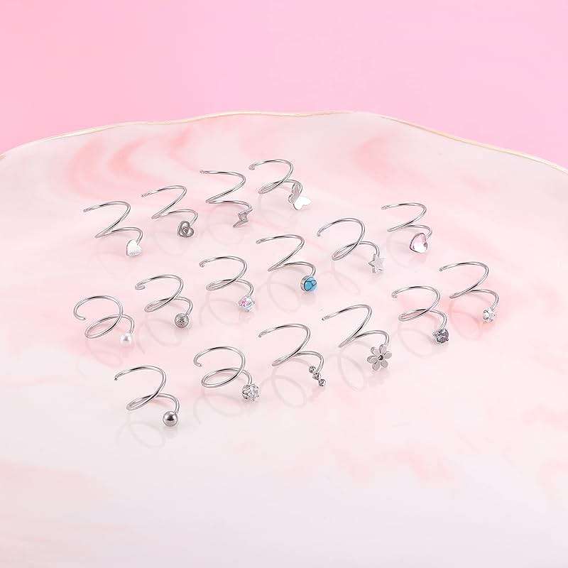 FASACCO 16Pcs Double Nose Ring Hoop for Single Piercing 20 Gauge Stainless Steel Nose Hoop Spiral Star Pearl CZ Butterfly Twist Nose Ring Hoops Double Hoop Earrings for Women - Image 6