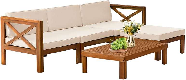 5-Piece Acacia Wood Outdoor Sofa Set Patio Bistro Set Furniture Outdoor Chat Conversation Table Chair Set with Water Resistant Cushions and Coffee Table for Beach Backyard Garden - Image 1