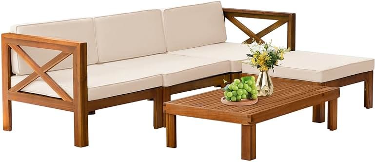 5-Piece Acacia Wood Outdoor Sofa Set Patio Bistro Set Furniture Outdoor Chat Conversation Table Chair Set with Water Resistant Cushions and Coffee Table for Beach Backyard Garden - Product Image