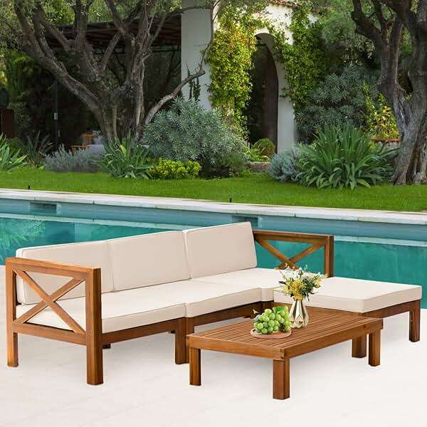 5-Piece Acacia Wood Outdoor Sofa Set Patio Bistro Set Furniture Outdoor Chat Conversation Table Chair Set with Water Resistant Cushions and Coffee Table for Beach Backyard Garden - Image 2