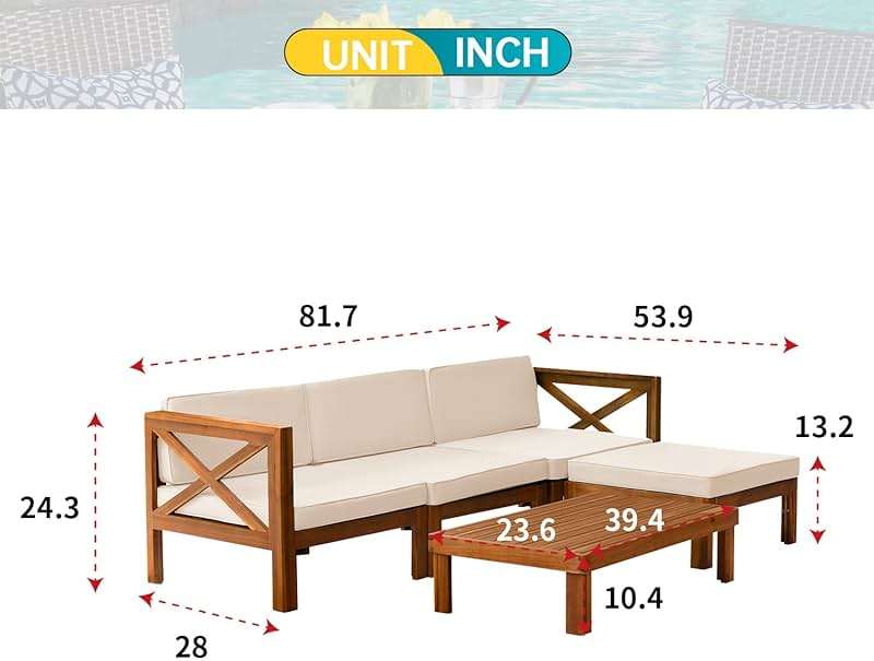 5-Piece Acacia Wood Outdoor Sofa Set Patio Bistro Set Furniture Outdoor Chat Conversation Table Chair Set with Water Resistant Cushions and Coffee Table for Beach Backyard Garden - Image 3