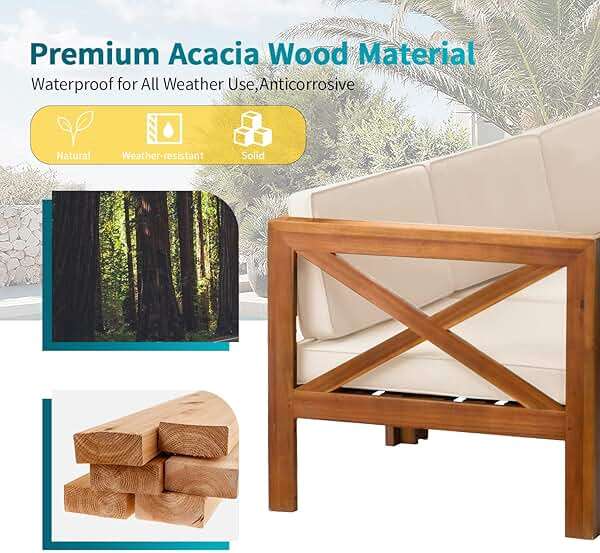 5-Piece Acacia Wood Outdoor Sofa Set Patio Bistro Set Furniture Outdoor Chat Conversation Table Chair Set with Water Resistant Cushions and Coffee Table for Beach Backyard Garden - Image 6