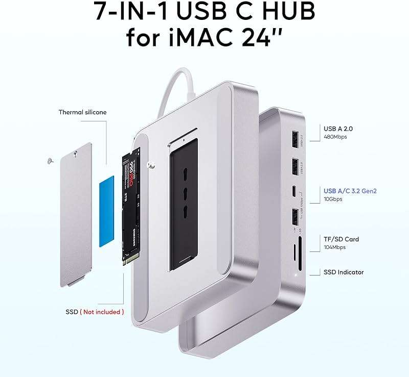 USB C HUB for iMac 24 inch 2021/2023/2024, PULWTOP USB Hub Adapter iMac Accessories for i-Mac M1/M3/M4 with USB C 10Gbps 3*USB A SD/TF, Docking Station Support Expand M.2 SSD (Not Included), Silver - Image 3