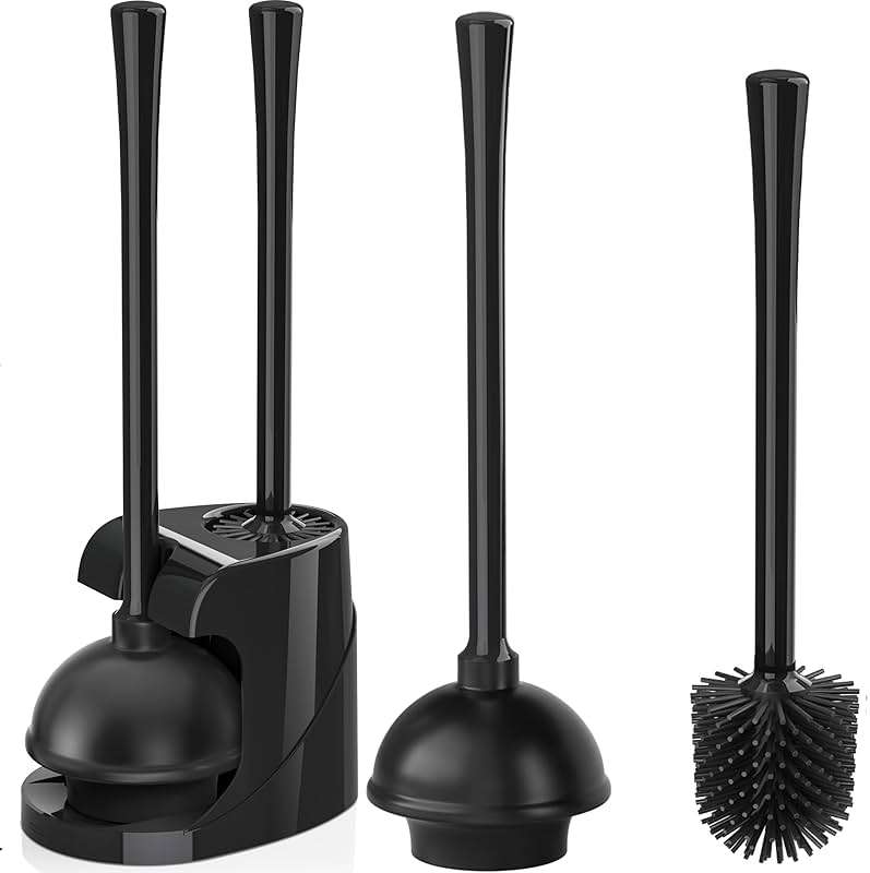 Toilet Plunger and Brush Set, Silicone Toilet Brush and Plunger with Holder for 5.7-inch Toilet Drain, 2-in-1 Toilet Brush Plunger Combo with Caddy Stand (Black) - Image 1