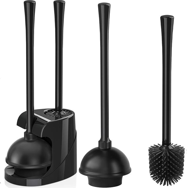 Toilet Plunger and Brush Set, Silicone Toilet Brush and Plunger with Holder for 5.7-inch Toilet Drain, 2-in-1 Toilet Brush Plunger Combo with Caddy Stand (Black) - Product Image