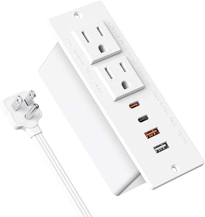Recessed Power Strip with 30W USB C,Ultra Thin Flat Plug Power Strip,2 Outlets 4 USB Ports,Furniture Flush Mount Desk Outlet,Recessed Outlet for Side Table/Sofa Table,6ft Cord (White) - Image 1