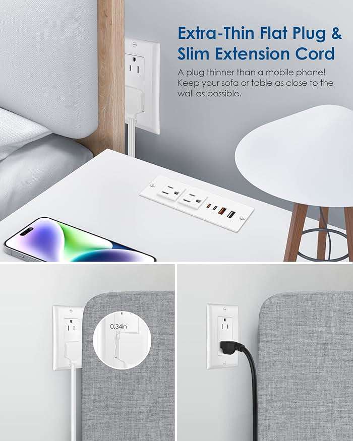 Recessed Power Strip with 30W USB C,Ultra Thin Flat Plug Power Strip,2 Outlets 4 USB Ports,Furniture Flush Mount Desk Outlet,Recessed Outlet for Side Table/Sofa Table,6ft Cord (White) - Image 2