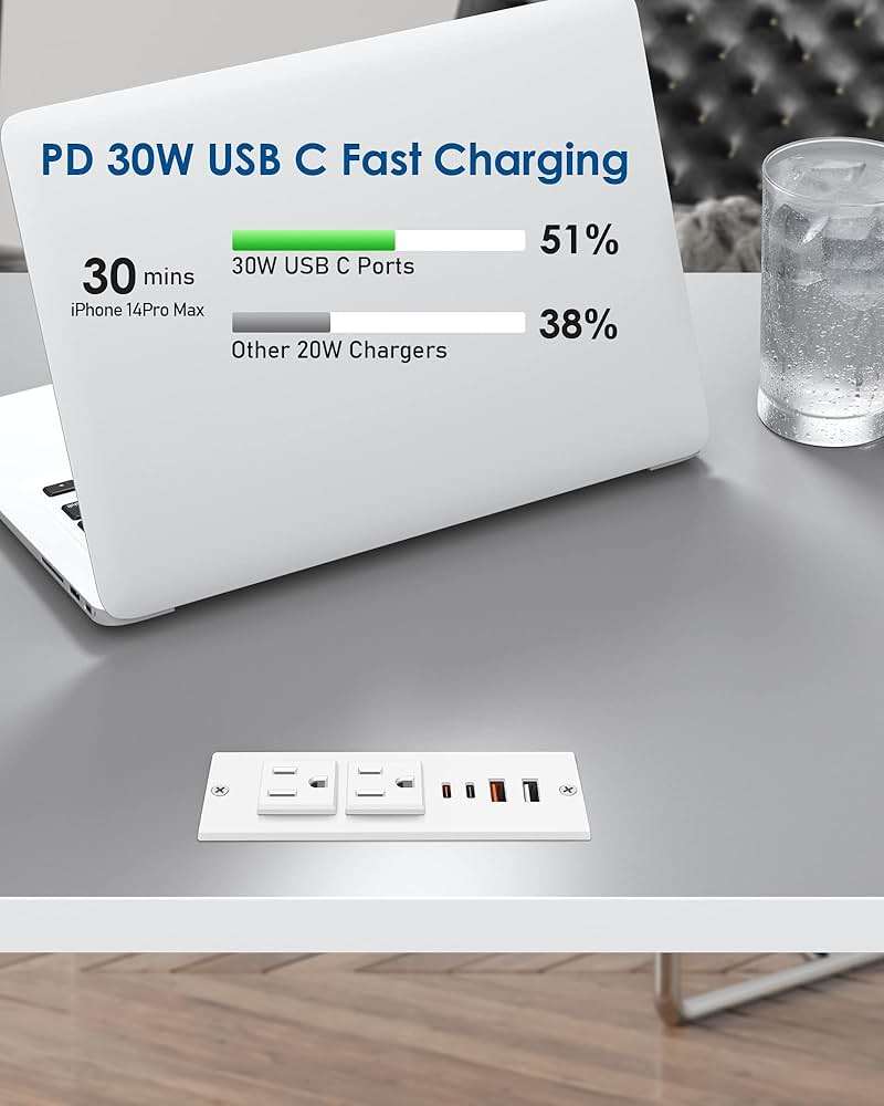 Recessed Power Strip with 30W USB C,Ultra Thin Flat Plug Power Strip,2 Outlets 4 USB Ports,Furniture Flush Mount Desk Outlet,Recessed Outlet for Side Table/Sofa Table,6ft Cord (White) - Image 3