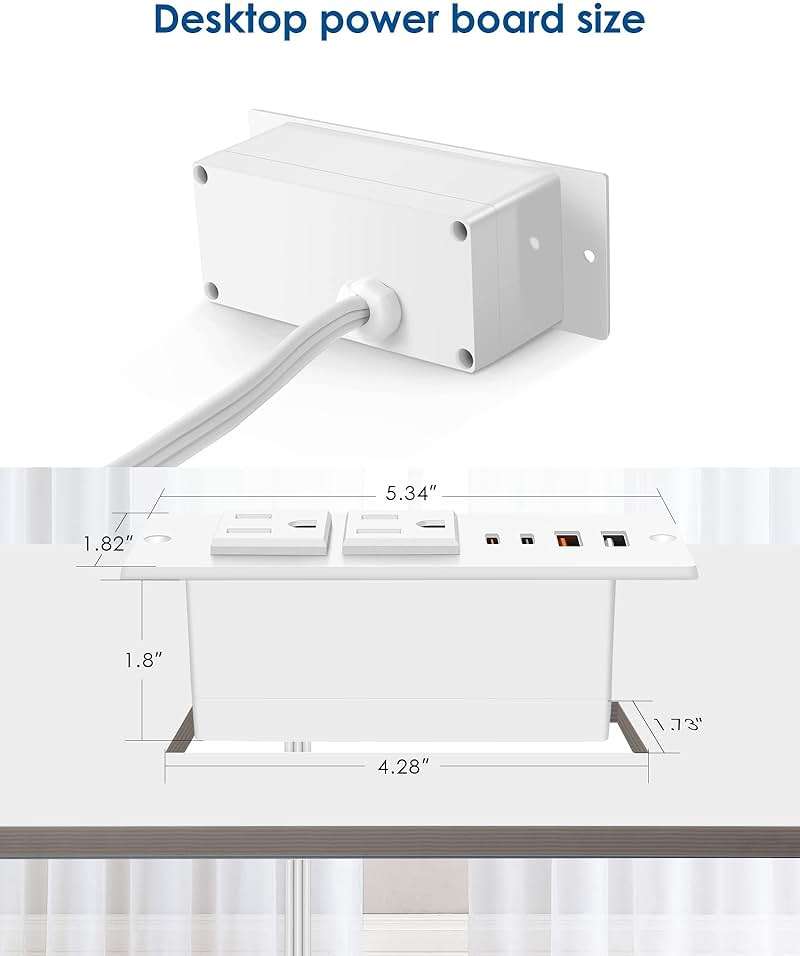 Recessed Power Strip with 30W USB C,Ultra Thin Flat Plug Power Strip,2 Outlets 4 USB Ports,Furniture Flush Mount Desk Outlet,Recessed Outlet for Side Table/Sofa Table,6ft Cord (White) - Image 5