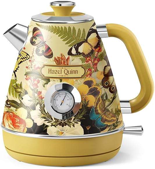 Hazel Quinn X Eduardo Recife Electric Kettle - 1200W Fast Water Boiling, 1.7L/57oz, All 304 Stainless Steel Interior, BPA-Free, Auto Shut-Off, Cordless Retro Teapot with Thermometer - Floral Patterned - Image 1